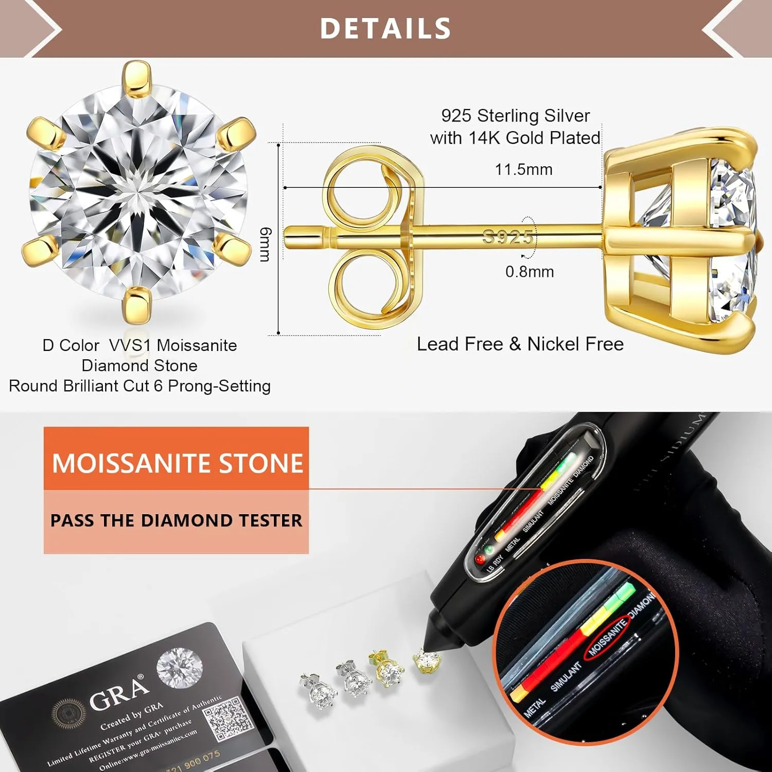 KRKC&CO Lab-Grown Moissanite Stud Earrings for Women: 0.6-3.0 ct.tw, D Color VVS1, 925 Vermeil Sterling Silver 14K Gold Plated, Hypoallergenic, GRA, Jewelry Gift for Her, Birthday, Mother's Day