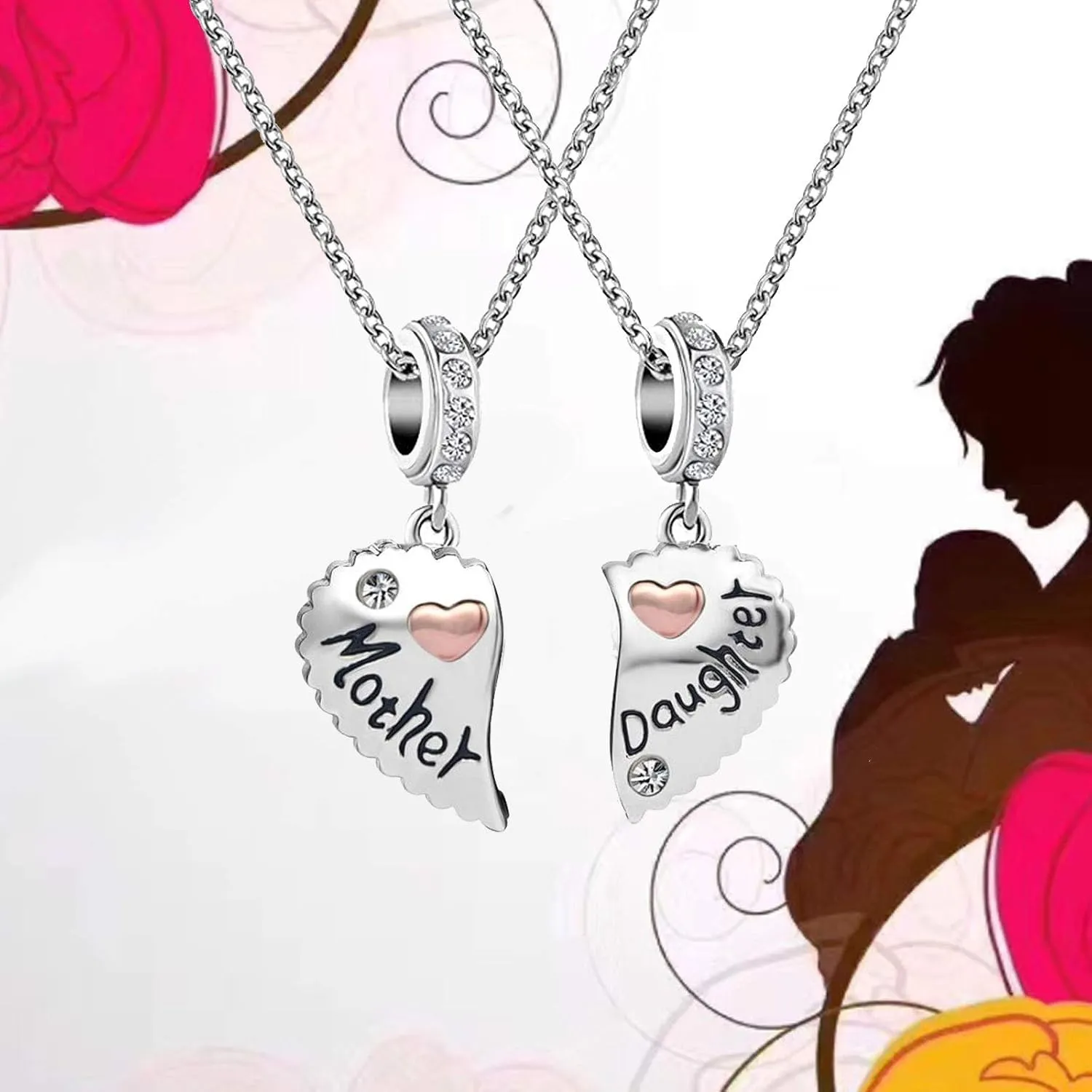 KunBead 18 inch Mom Mother Daughter Son Sisters Best Friend Bestie Necklace Rose Gold Love Heart Matching Puzzle Birthday Charm Pendant Necklace set for 2