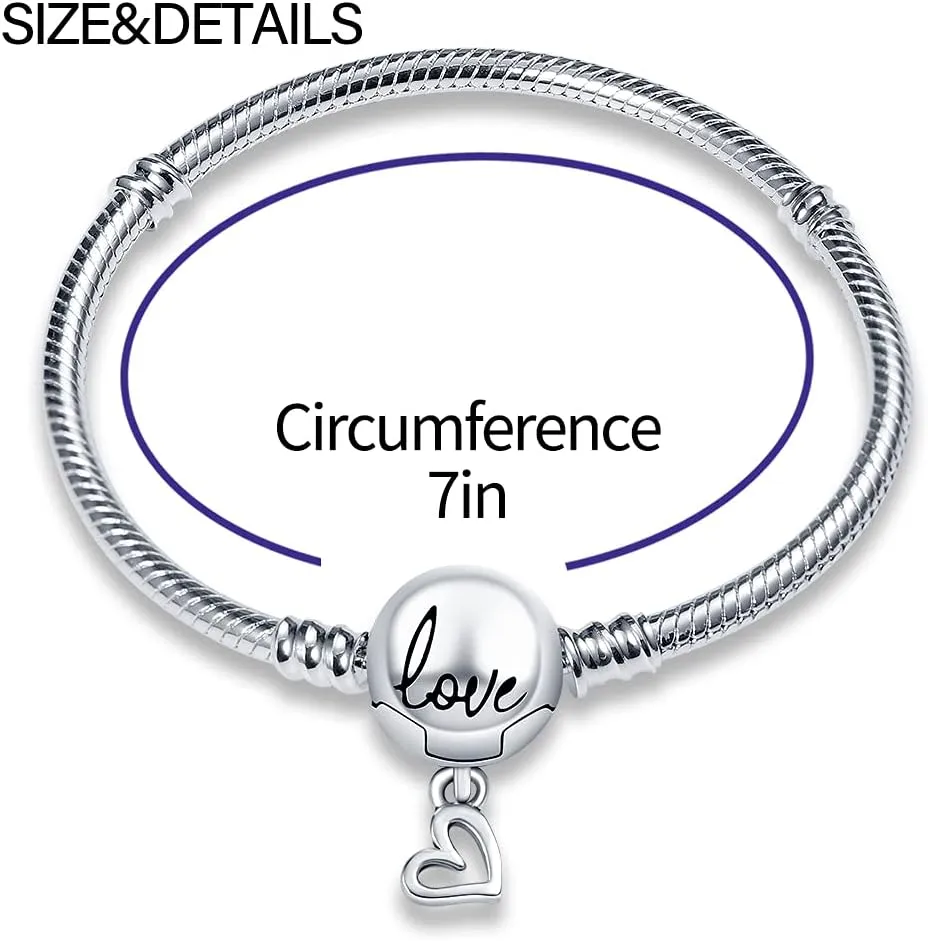 KUNSIR 925 Sterling Silver Snake Chain Bracelet with Love Round Buckle Charm Bracelets for Women Teen