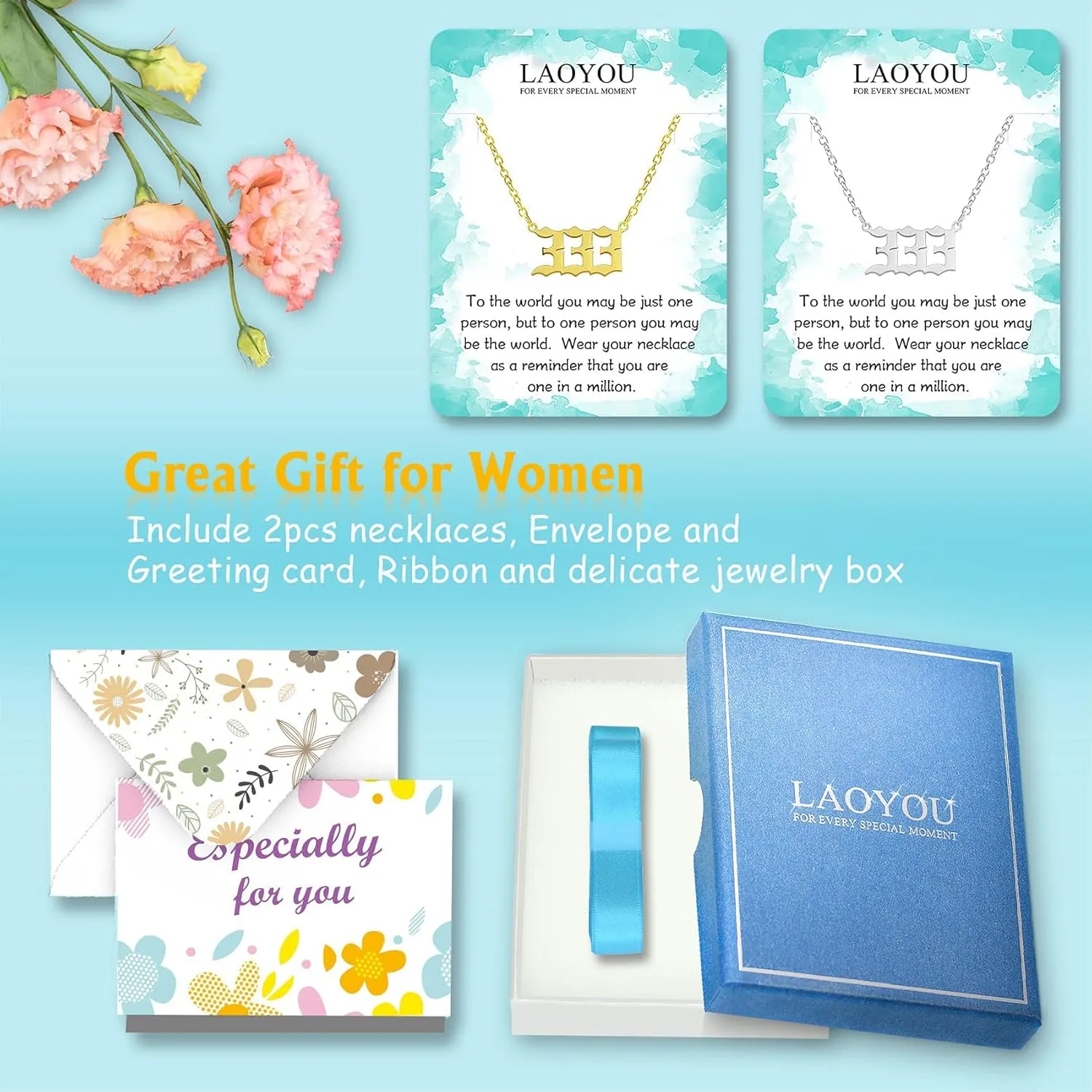 LAOYOU 2pcs Pack Angel Number Necklace For Women, Gold Silver 000 111 1111 222 333 444 555 666 777 888 999 Angel Numbers Necklace For Girls Numerology Jewelry Hypoallergenic Non Tarnish