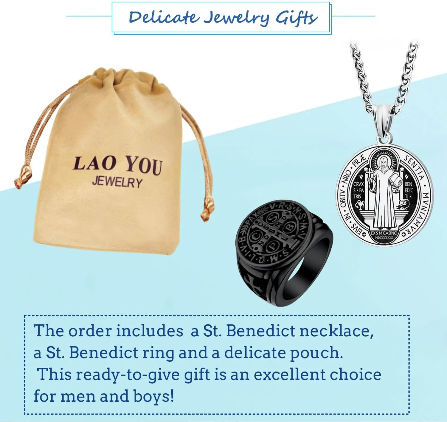 LAOYOU 2Pcs Saint Benedict Pack St. Benedict Ring and Medal Necklace for Men Stainless Steel Ghost Hunter Christian Catholic Protection Amulet Jewelry Gift for Men Black/Silver