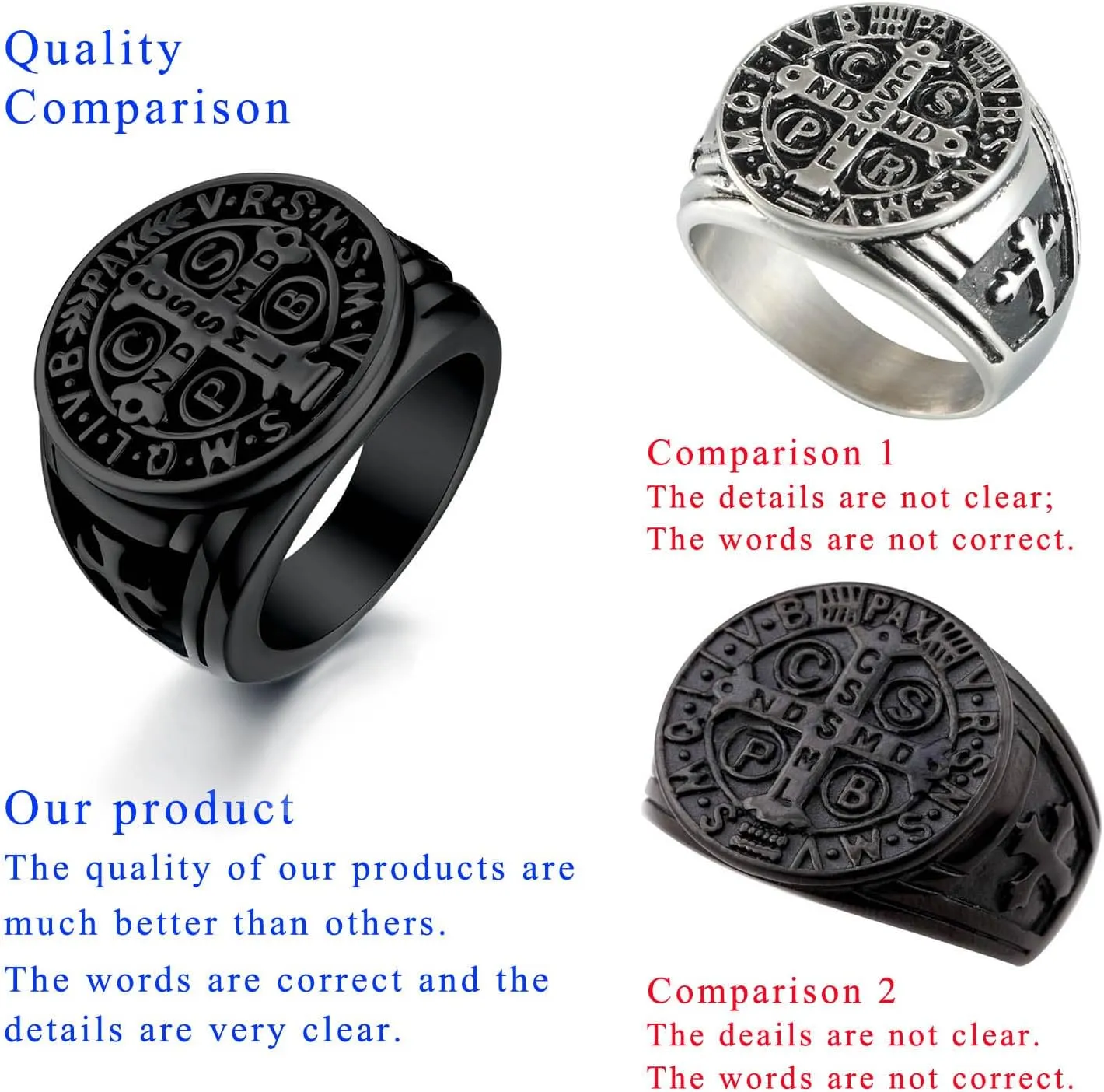 LAOYOU 2Pcs Saint Benedict Pack St. Benedict Ring and Medal Necklace for Men Stainless Steel Ghost Hunter Christian Catholic Protection Amulet Jewelry Gift for Men Black/Silver