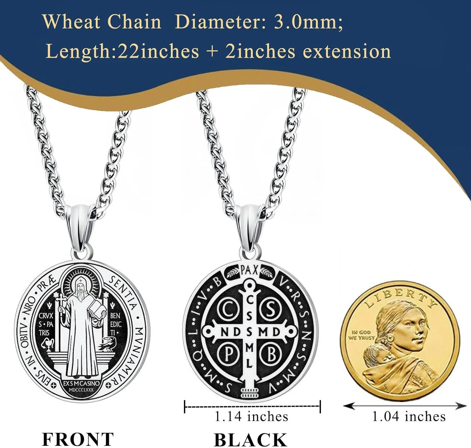 LAOYOU 2Pcs Saint Benedict Pack St. Benedict Ring and Medal Necklace for Men Stainless Steel Ghost Hunter Christian Catholic Protection Amulet Jewelry Gift for Men Black/Silver