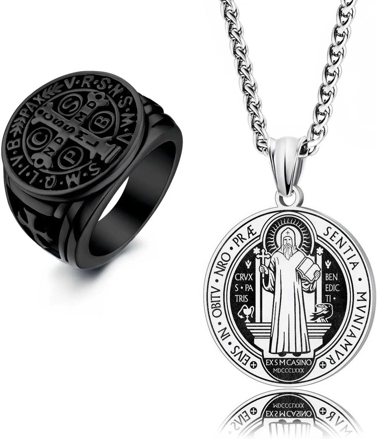 LAOYOU 2Pcs Saint Benedict Pack St. Benedict Ring and Medal Necklace for Men Stainless Steel Ghost Hunter Christian Catholic Protection Amulet Jewelry Gift for Men Black/Silver