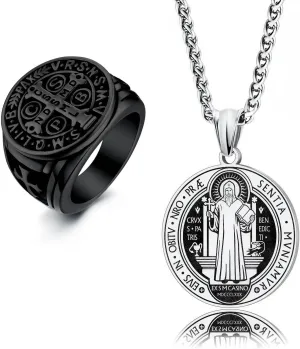 LAOYOU 2Pcs Saint Benedict Pack St. Benedict Ring and Medal Necklace for Men Stainless Steel Ghost Hunter Christian Catholic Protection Amulet Jewelry Gift for Men Black/Silver