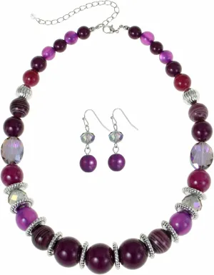 Large Beaded Chunky Statement Necklaces Earrings Set Big Multicolor Crystal Round Stone Strand Choker Necklace Silver Fashion Costume Jewelry Set Gifts for Women
