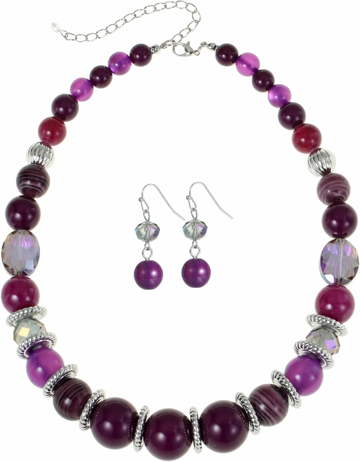 Large Beaded Chunky Statement Necklaces Earrings Set Big Multicolor Crystal Round Stone Strand Choker Necklace Silver Fashion Costume Jewelry Set Gifts for Women