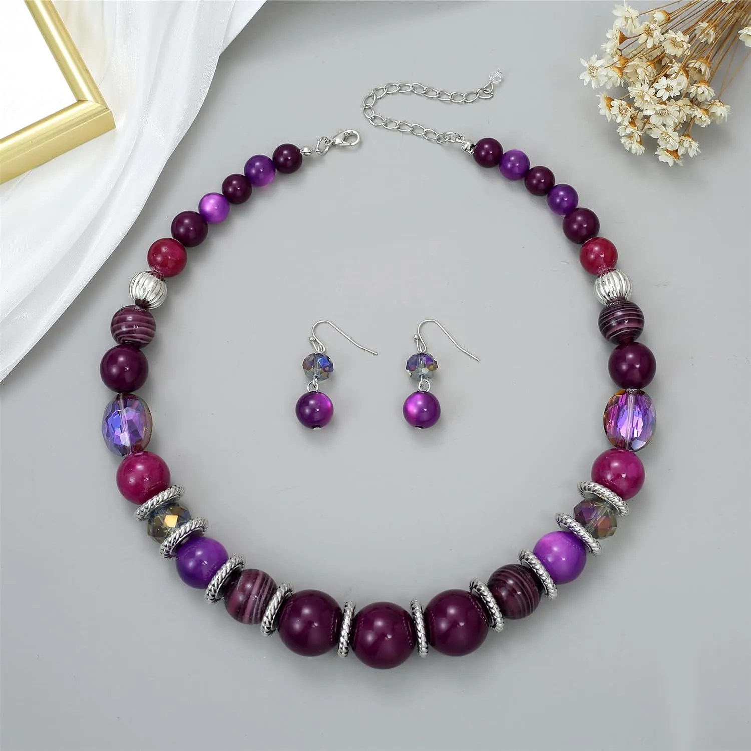 Large Beaded Chunky Statement Necklaces Earrings Set Big Multicolor Crystal Round Stone Strand Choker Necklace Silver Fashion Costume Jewelry Set Gifts for Women