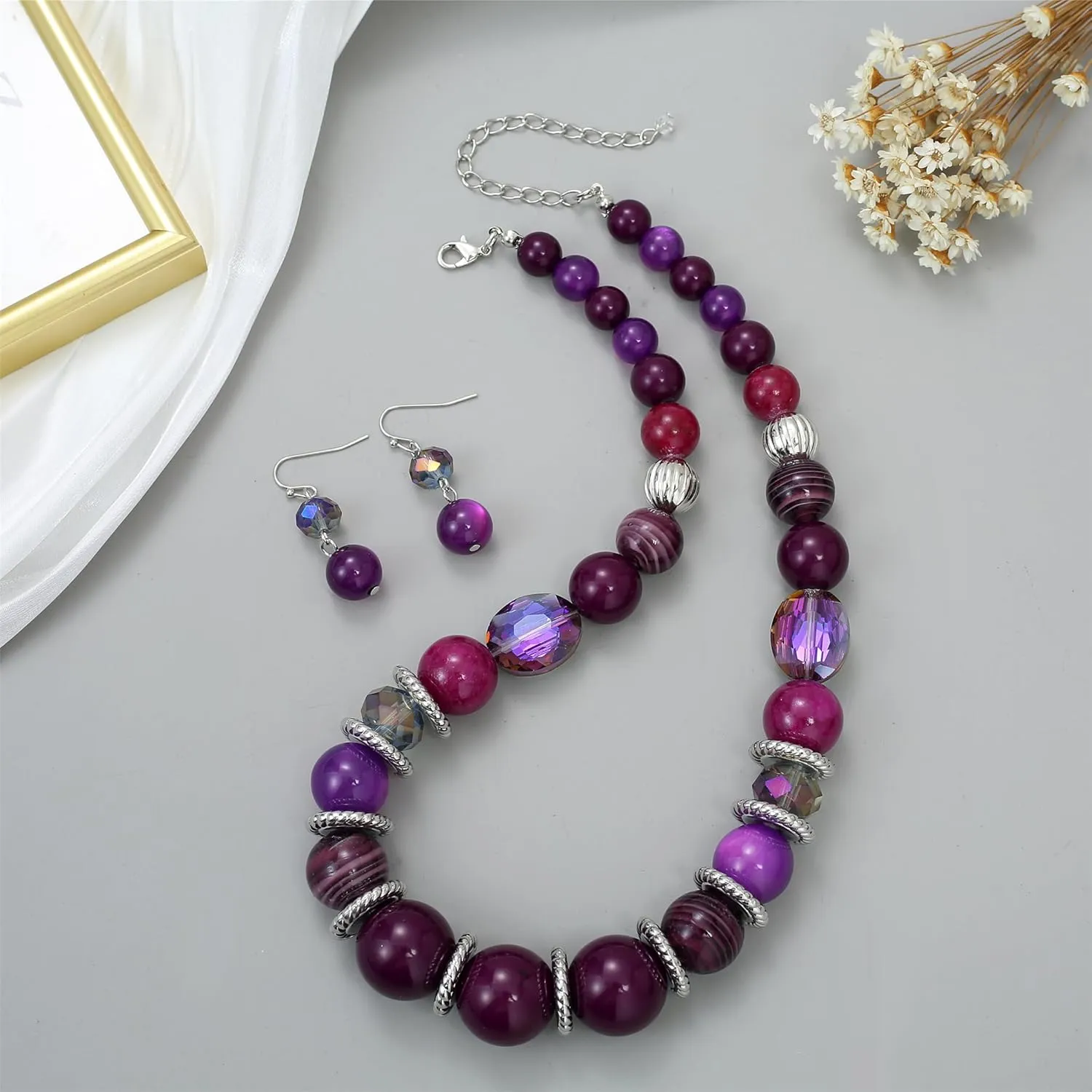 Large Beaded Chunky Statement Necklaces Earrings Set Big Multicolor Crystal Round Stone Strand Choker Necklace Silver Fashion Costume Jewelry Set Gifts for Women