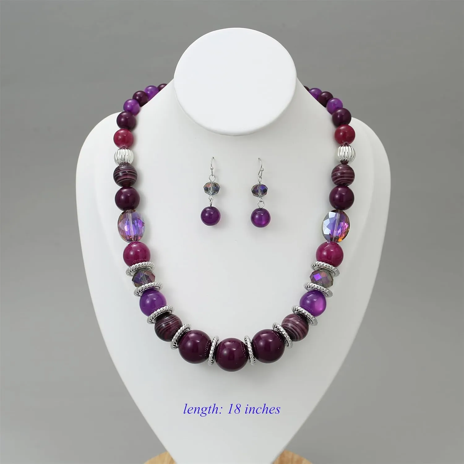 Large Beaded Chunky Statement Necklaces Earrings Set Big Multicolor Crystal Round Stone Strand Choker Necklace Silver Fashion Costume Jewelry Set Gifts for Women