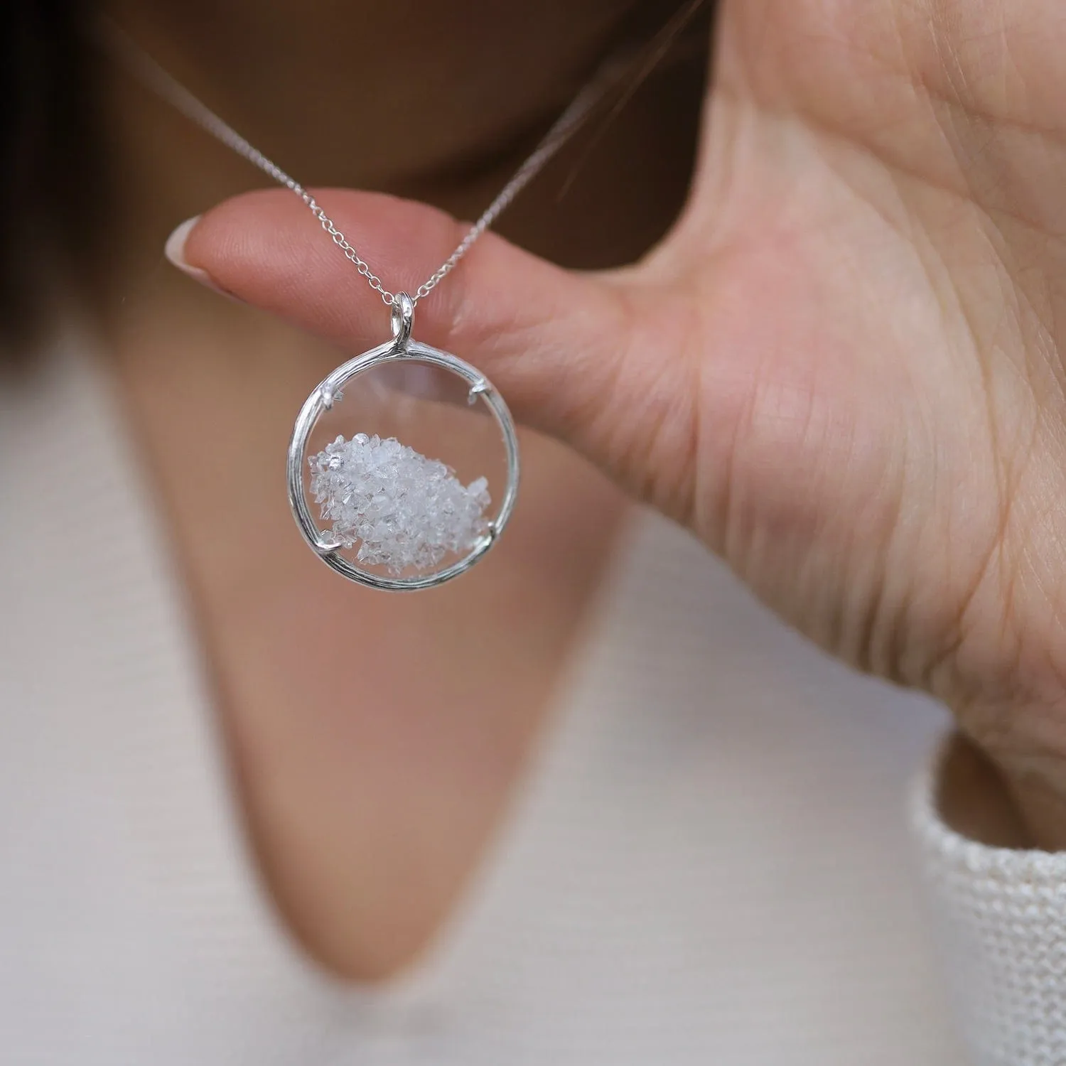 Large Shaker April Birthstone Necklace - Silver & White Topaz