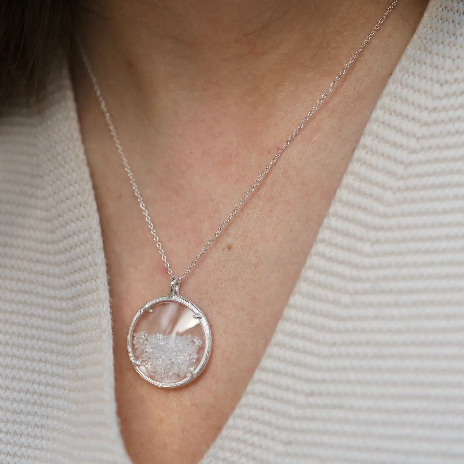 Large Shaker April Birthstone Necklace - Silver & White Topaz
