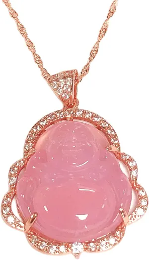 Laughing Buddha Fashion Good Luck Iced Out Bling Pendant Luxury Cubic Zirconia Chain Necklace Gold Plated Amulet Necklace Jewelry Gift for Women Mens Unisex-Big Pink