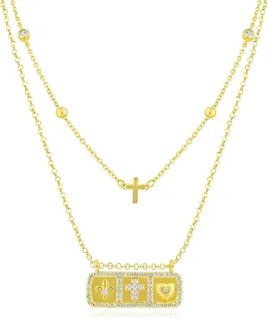 Layered Gold Rectangle Tag Pendant Necklace for Women 14K Gold Plated Cross Love Heart Butterfly Evil Eye Hamsa Hand Necklace with Cute Cubic Zirconia Symbol Charm Adjustable Trendy Jewelry Gift