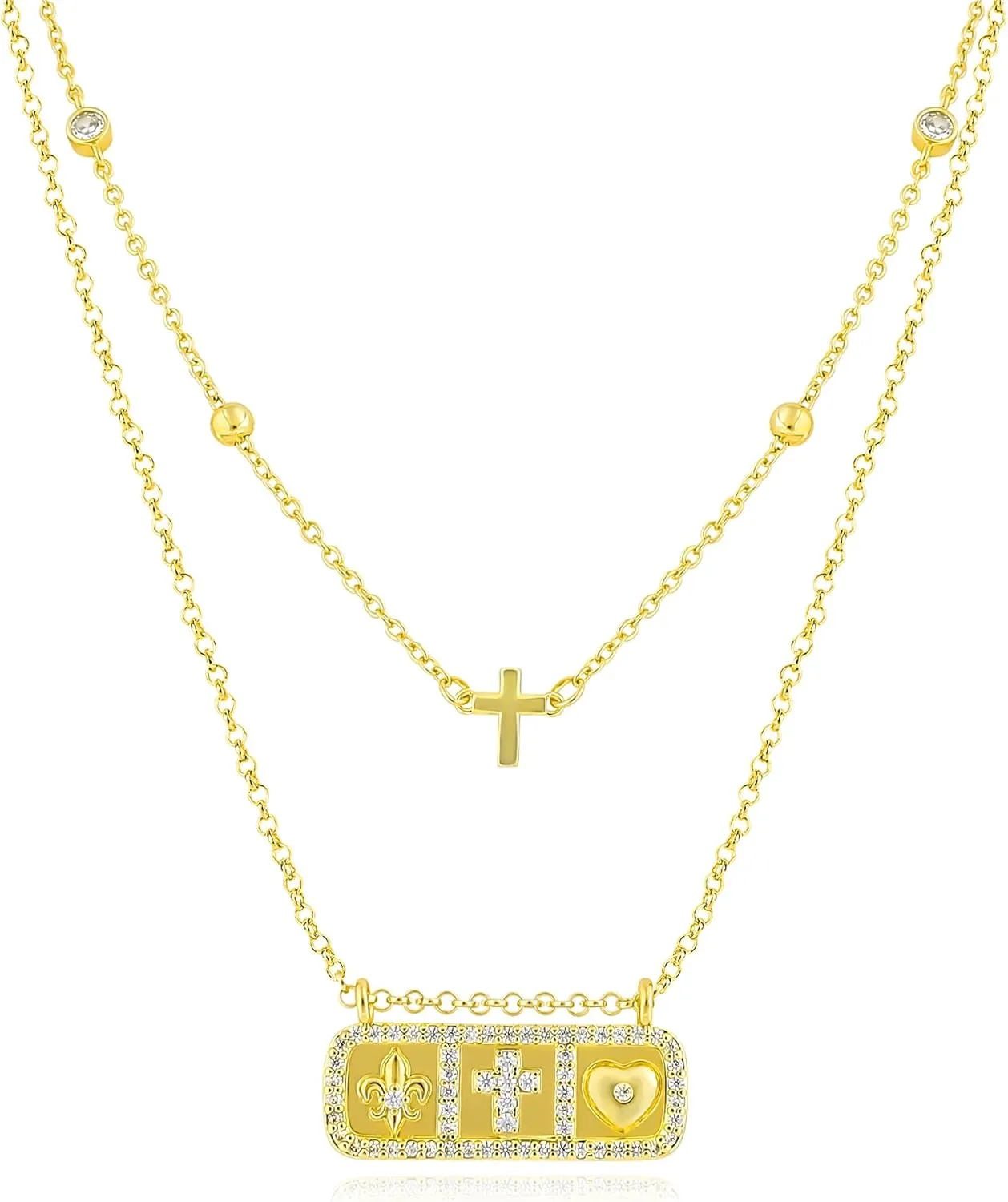 Layered Gold Rectangle Tag Pendant Necklace for Women 14K Gold Plated Cross Love Heart Butterfly Evil Eye Hamsa Hand Necklace with Cute Cubic Zirconia Symbol Charm Adjustable Trendy Jewelry Gift