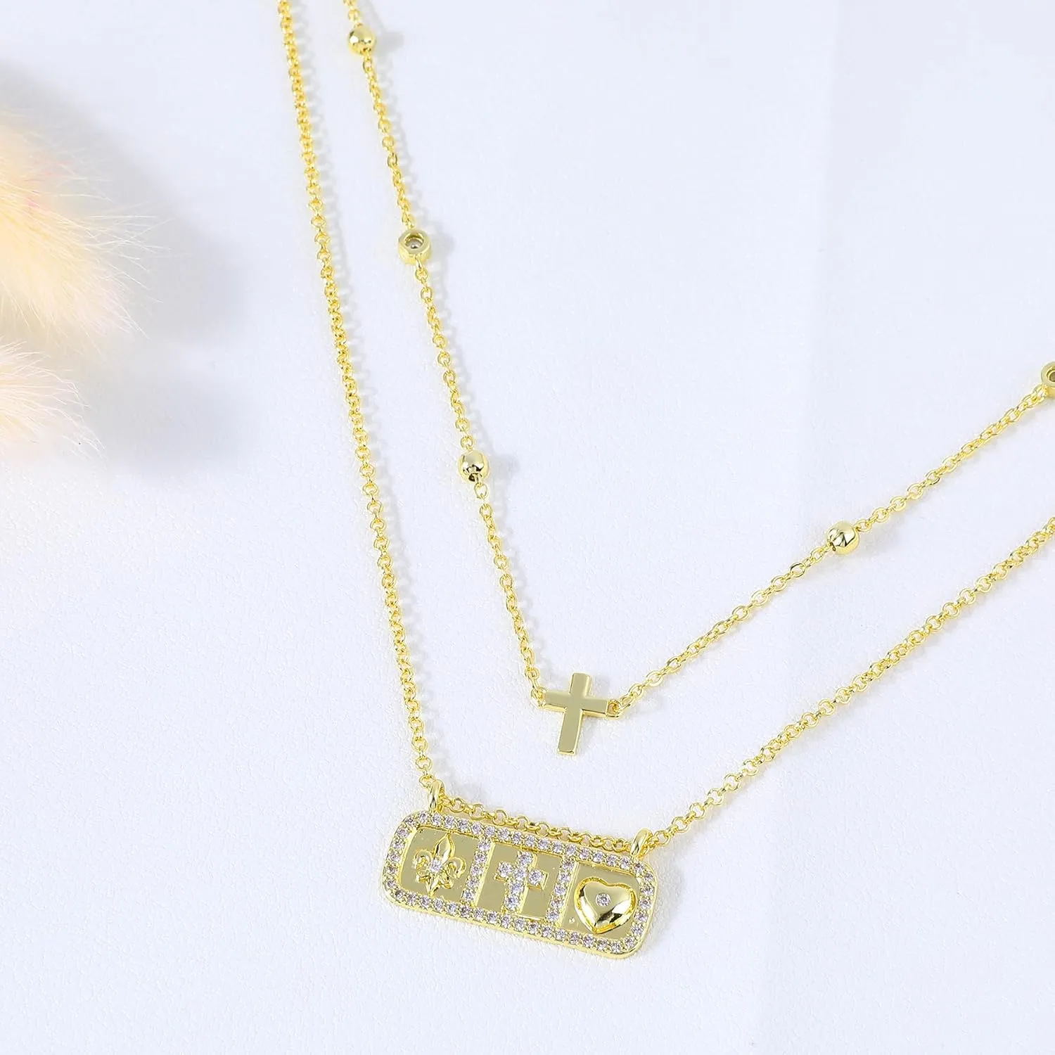 Layered Gold Rectangle Tag Pendant Necklace for Women 14K Gold Plated Cross Love Heart Butterfly Evil Eye Hamsa Hand Necklace with Cute Cubic Zirconia Symbol Charm Adjustable Trendy Jewelry Gift