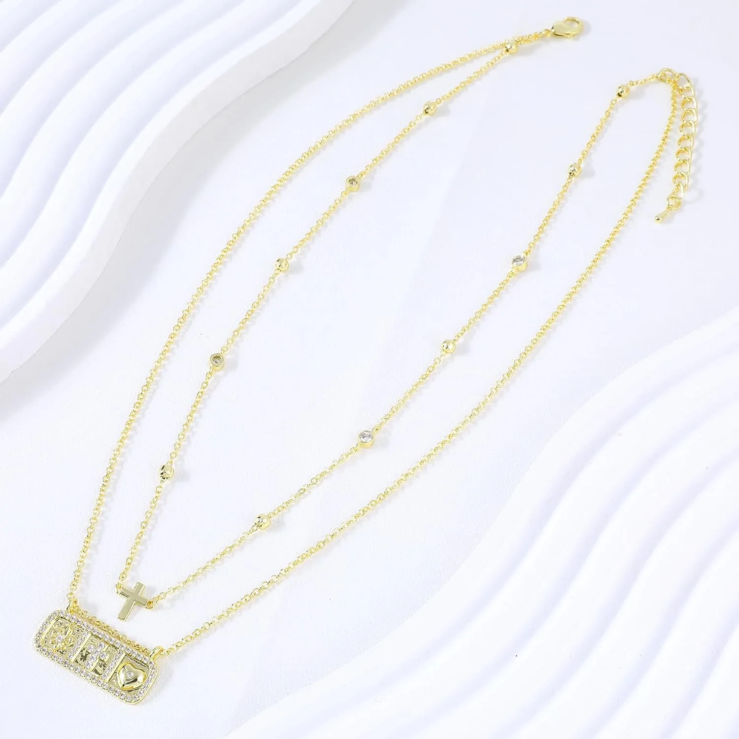 Layered Gold Rectangle Tag Pendant Necklace for Women 14K Gold Plated Cross Love Heart Butterfly Evil Eye Hamsa Hand Necklace with Cute Cubic Zirconia Symbol Charm Adjustable Trendy Jewelry Gift