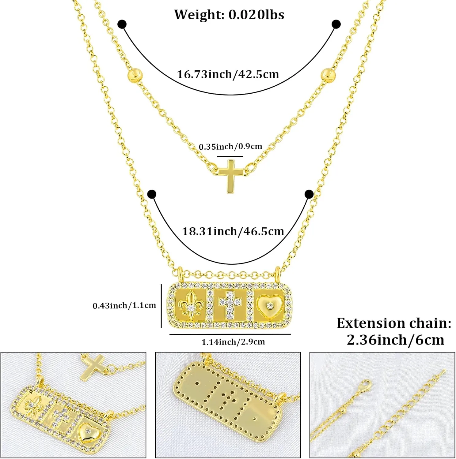 Layered Gold Rectangle Tag Pendant Necklace for Women 14K Gold Plated Cross Love Heart Butterfly Evil Eye Hamsa Hand Necklace with Cute Cubic Zirconia Symbol Charm Adjustable Trendy Jewelry Gift