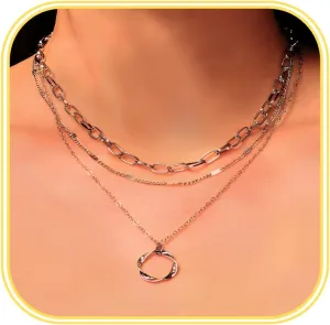 Layered Gold Silver Necklaces for Women, Stackable Dainty Silver Plated Trendy Circle Paperclip Chain Pendant Choker Necklace, Dainty gold Silver Chunky Jewelry necklace Set Gifts for Women