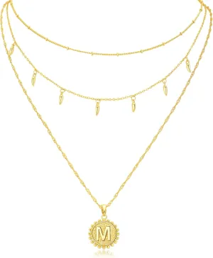 Layered Gold Trendy Necklaces for Women, Gold Layered Coin Initial Necklace, 18K Gold Plated Round Initial Pendant Cable Chain Beaded Necklace, Teardrop Pendant Necklace