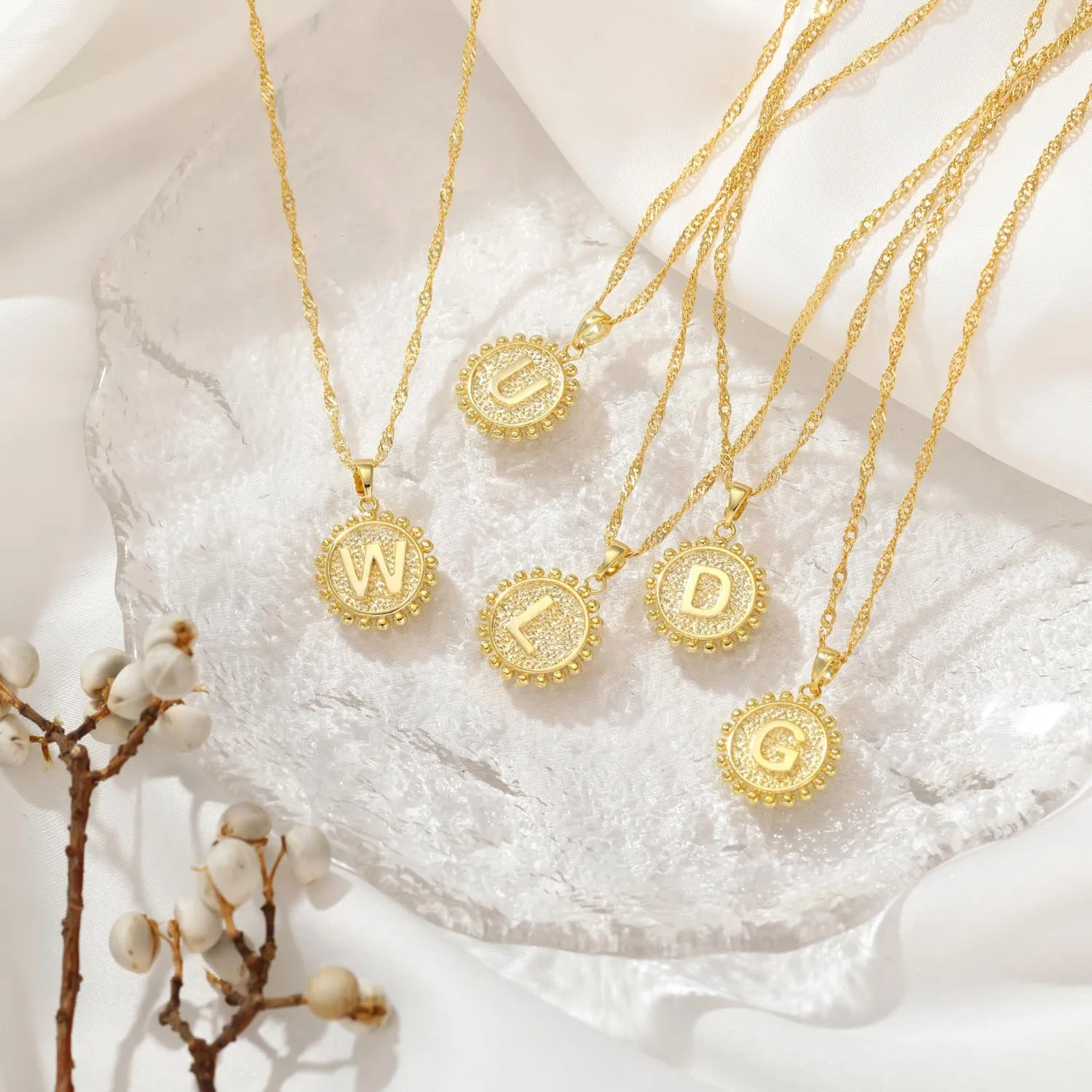 Layered Gold Trendy Necklaces for Women, Gold Layered Coin Initial Necklace, 18K Gold Plated Round Initial Pendant Cable Chain Beaded Necklace, Teardrop Pendant Necklace