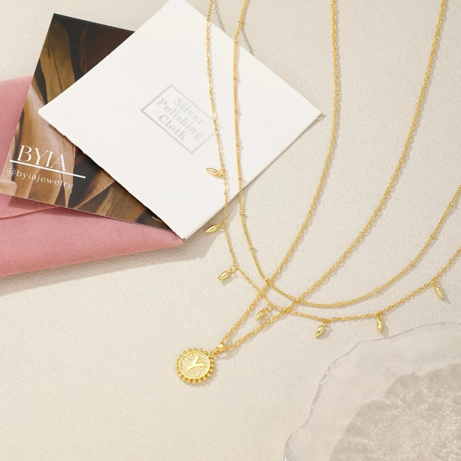 Layered Gold Trendy Necklaces for Women, Gold Layered Coin Initial Necklace, 18K Gold Plated Round Initial Pendant Cable Chain Beaded Necklace, Teardrop Pendant Necklace