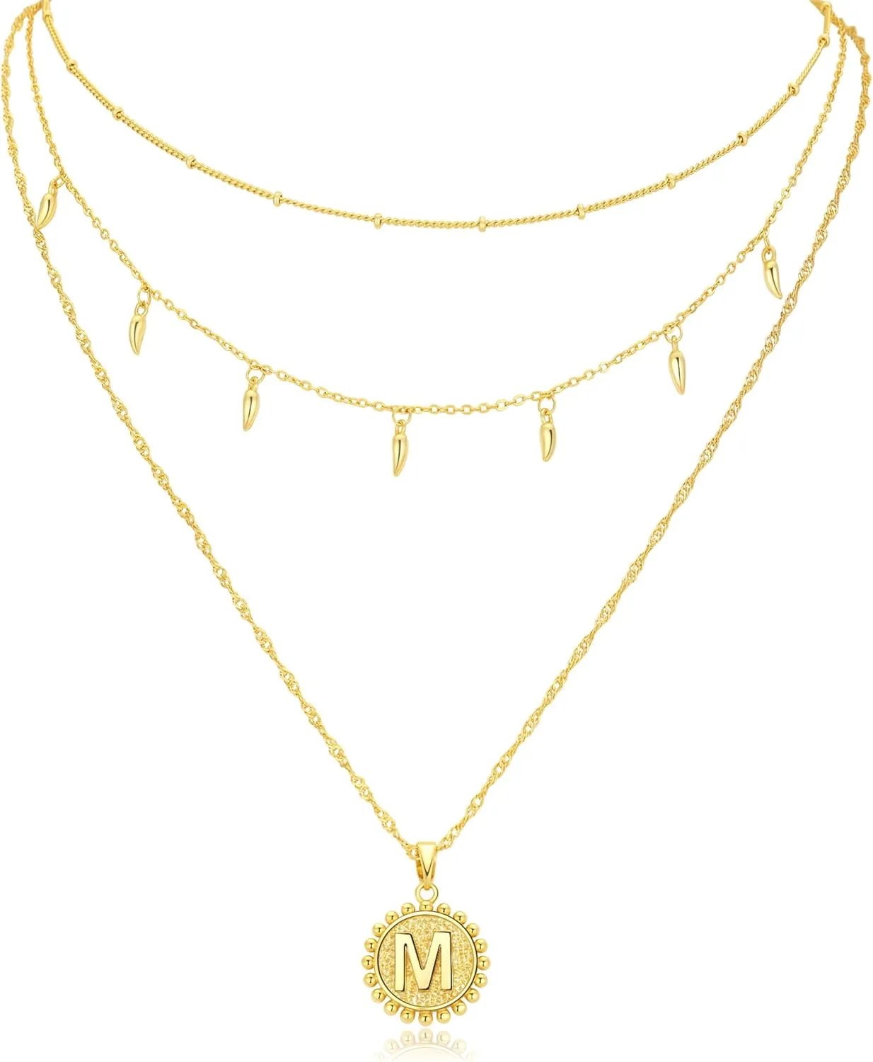 Layered Gold Trendy Necklaces for Women, Gold Layered Coin Initial Necklace, 18K Gold Plated Round Initial Pendant Cable Chain Beaded Necklace, Teardrop Pendant Necklace