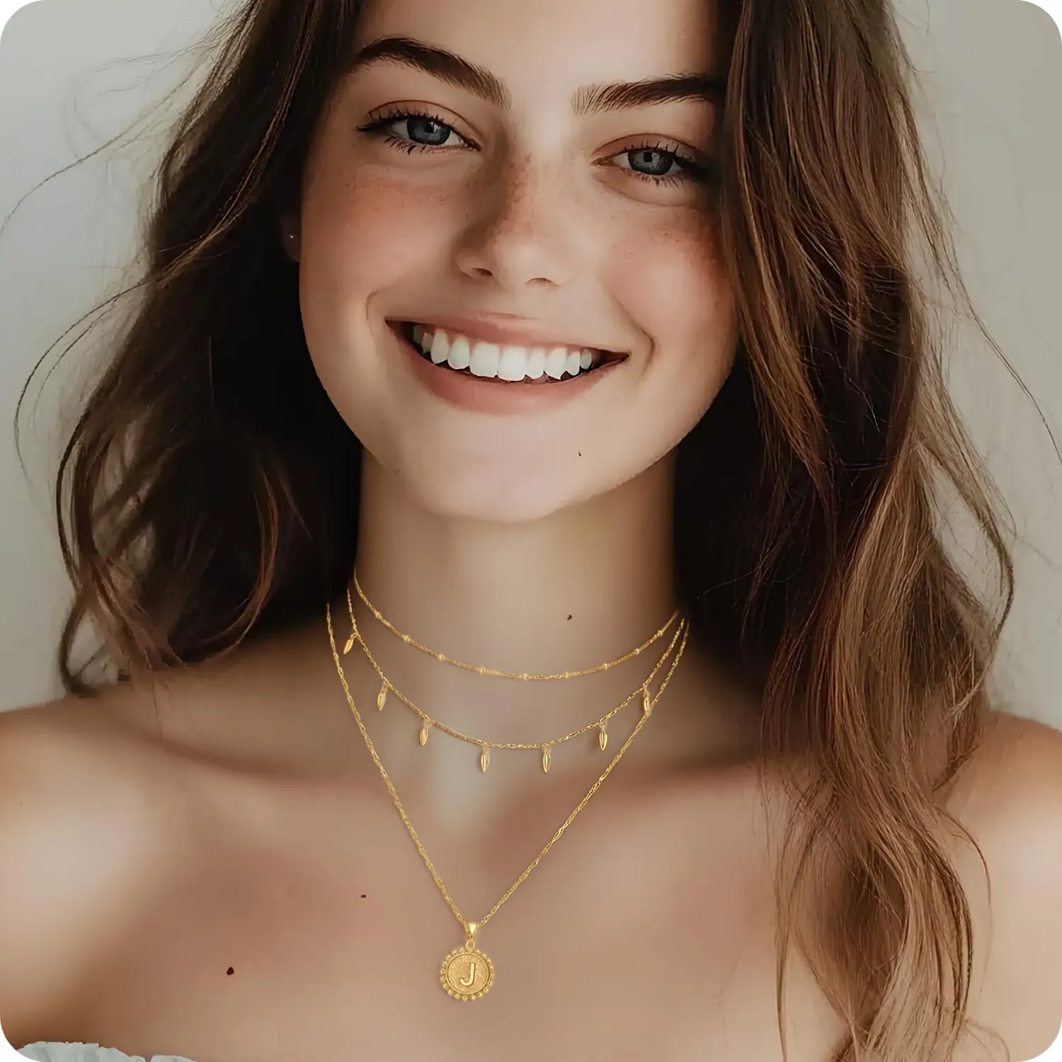 Layered Gold Trendy Necklaces for Women, Gold Layered Coin Initial Necklace, 18K Gold Plated Round Initial Pendant Cable Chain Beaded Necklace, Teardrop Pendant Necklace