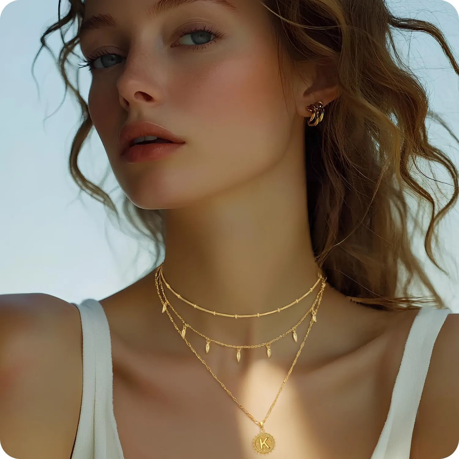 Layered Gold Trendy Necklaces for Women, Gold Layered Coin Initial Necklace, 18K Gold Plated Round Initial Pendant Cable Chain Beaded Necklace, Teardrop Pendant Necklace