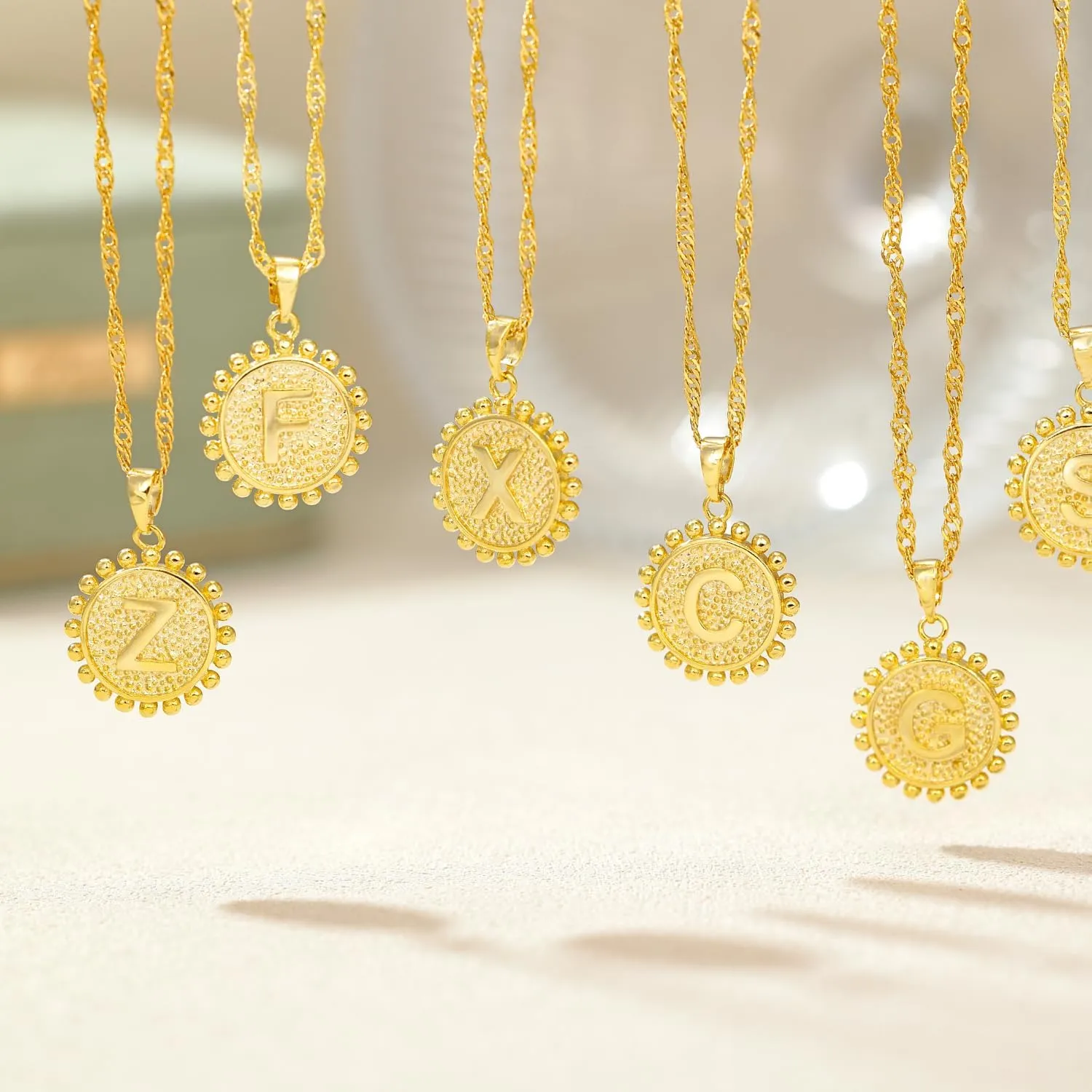 Layered Gold Trendy Necklaces for Women, Gold Layered Coin Initial Necklace, 18K Gold Plated Round Initial Pendant Cable Chain Beaded Necklace, Teardrop Pendant Necklace