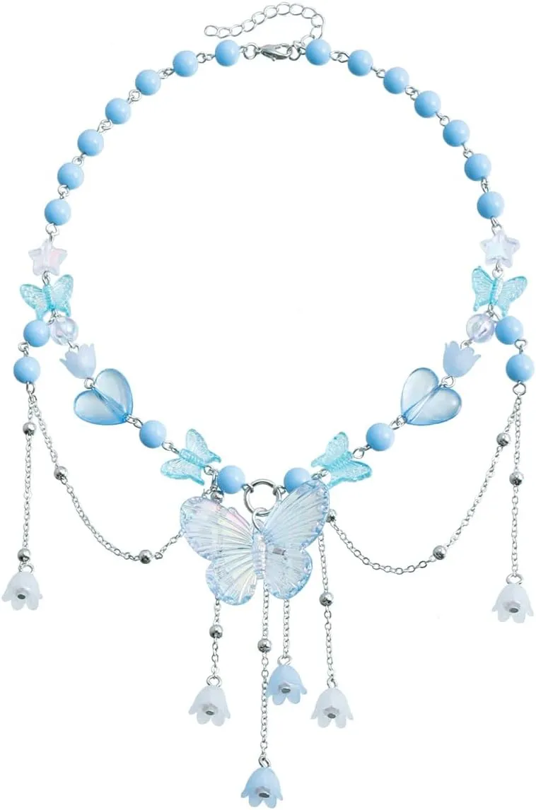 Layered Pearl Butterfly Choker Necklaces for Women,Vintage Crystal Beaded Pendant Necklace Y2K Bow Heart Tassel Chain Necklace Jewelry