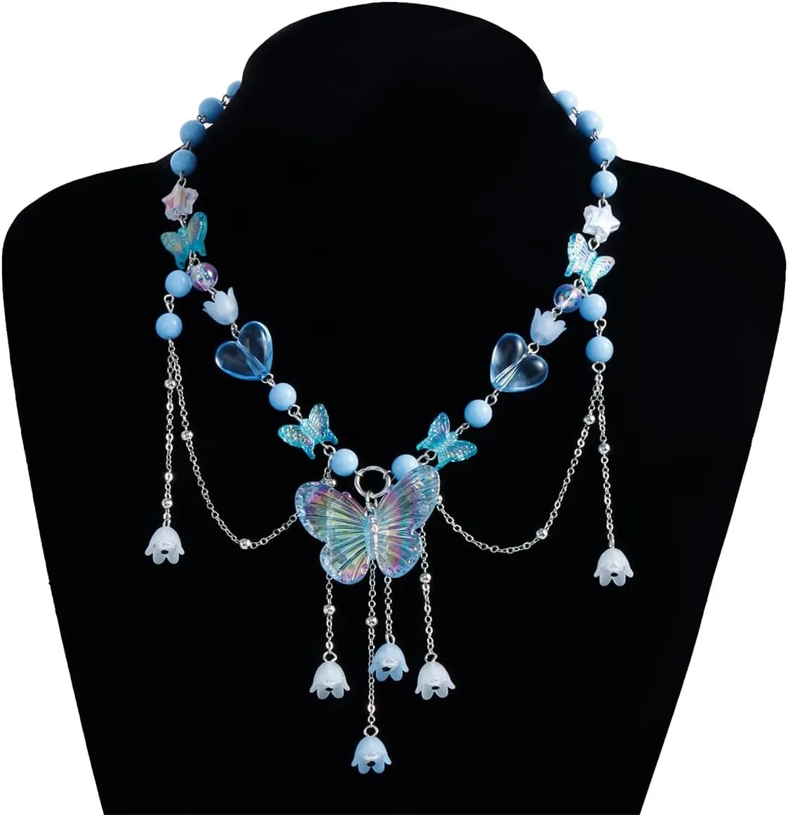 Layered Pearl Butterfly Choker Necklaces for Women,Vintage Crystal Beaded Pendant Necklace Y2K Bow Heart Tassel Chain Necklace Jewelry