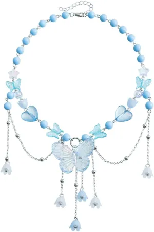 Layered Pearl Butterfly Choker Necklaces for Women,Vintage Crystal Beaded Pendant Necklace Y2K Bow Heart Tassel Chain Necklace Jewelry