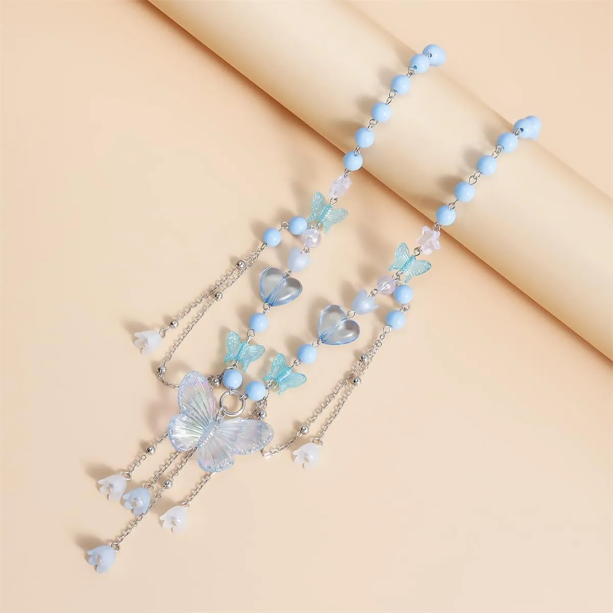 Layered Pearl Butterfly Choker Necklaces for Women,Vintage Crystal Beaded Pendant Necklace Y2K Bow Heart Tassel Chain Necklace Jewelry