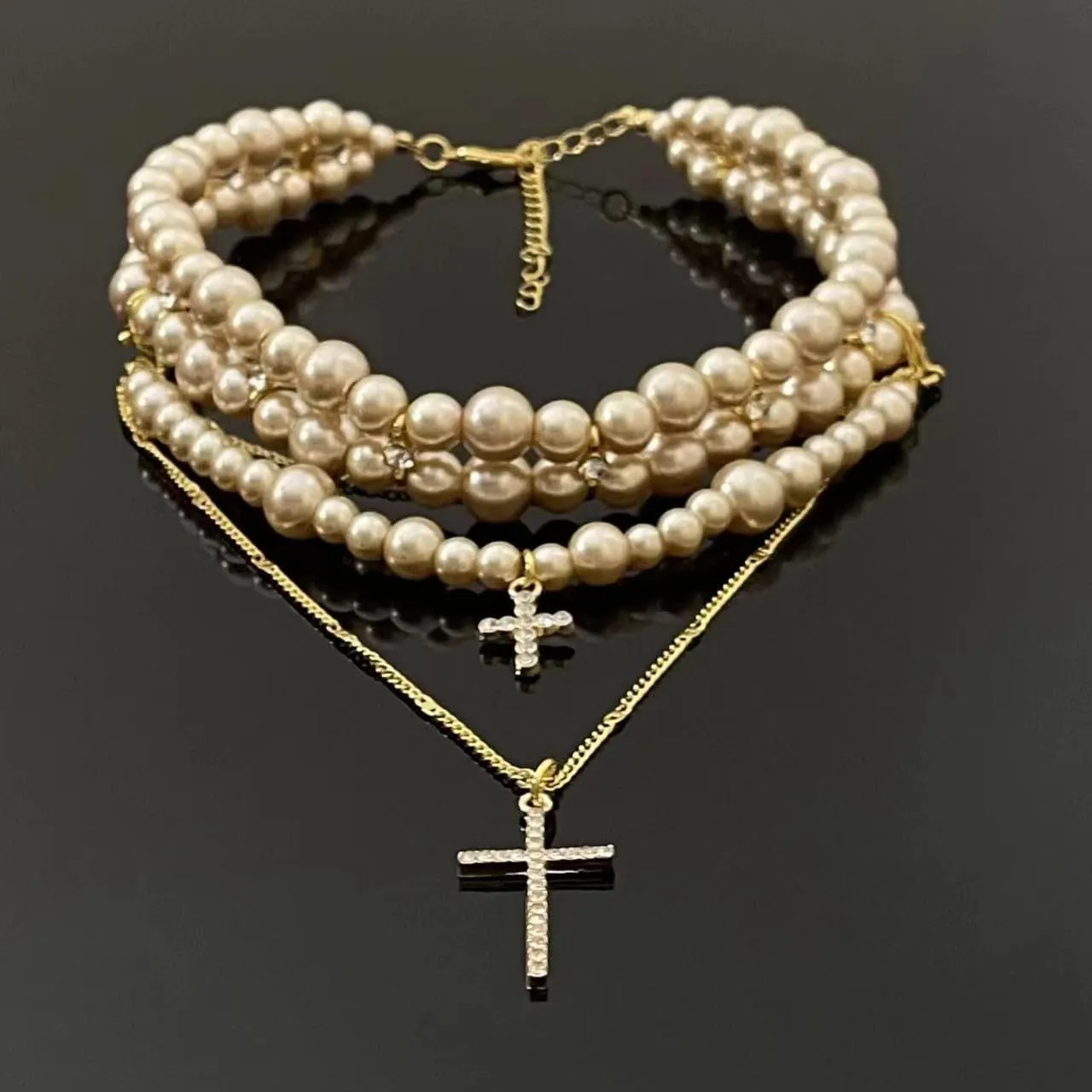 Layered Pearl Cross Necklace Statement Gothic Stacked Rhinestone Pearl Necklace for Wome