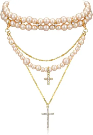 Layered Pearl Cross Necklace Statement Gothic Stacked Rhinestone Pearl Necklace for Wome