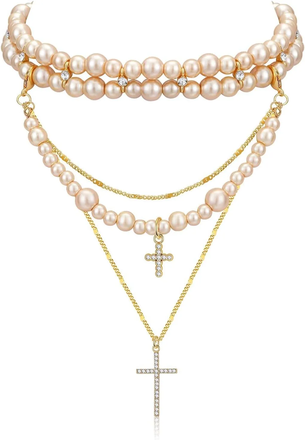 Layered Pearl Cross Necklace Statement Gothic Stacked Rhinestone Pearl Necklace for Wome
