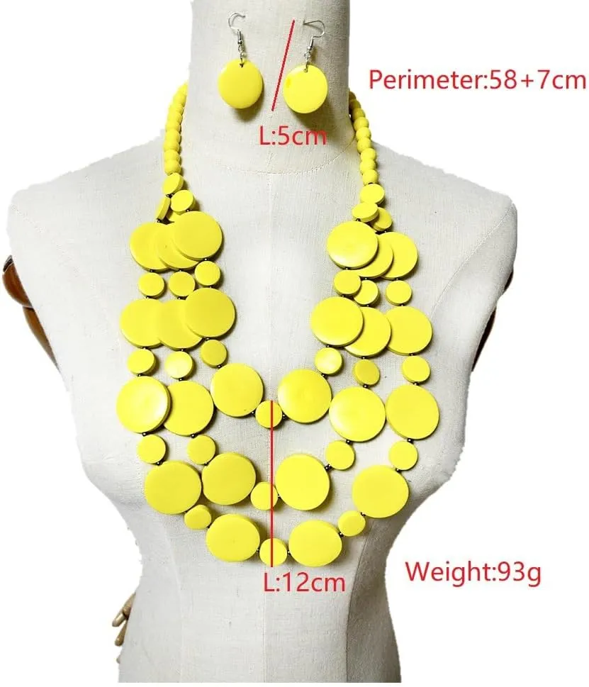 Layered Wooden Beaded Necklace Disc Beads Natural Wood Chunky Bib Necklace Statement African Ethnic Tribal Boho Collar Necklace Large Colorful Costume Necklace Fashion Jewelry for Women