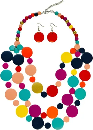 Layered Wooden Beaded Necklace Disc Beads Natural Wood Chunky Bib Necklace Statement African Ethnic Tribal Boho Collar Necklace Large Colorful Costume Necklace Fashion Jewelry for Women