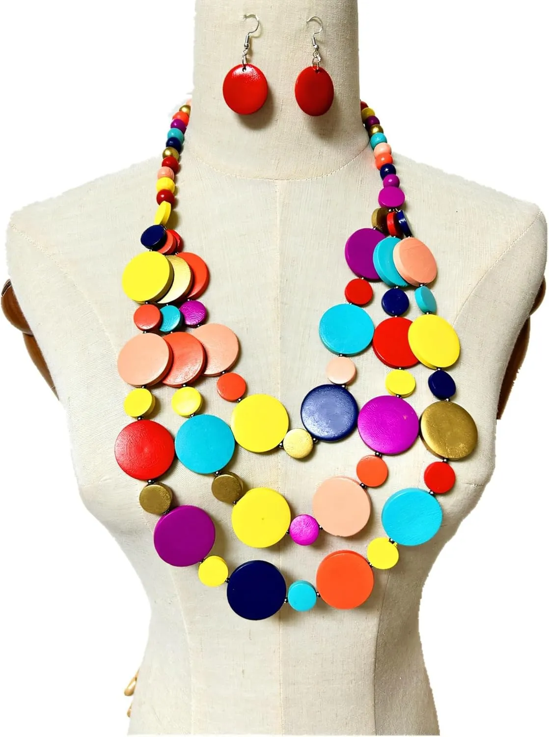 Layered Wooden Beaded Necklace Disc Beads Natural Wood Chunky Bib Necklace Statement African Ethnic Tribal Boho Collar Necklace Large Colorful Costume Necklace Fashion Jewelry for Women