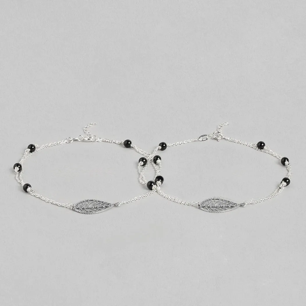 Leaf and Black beads 925 Sterling Silver Anklets