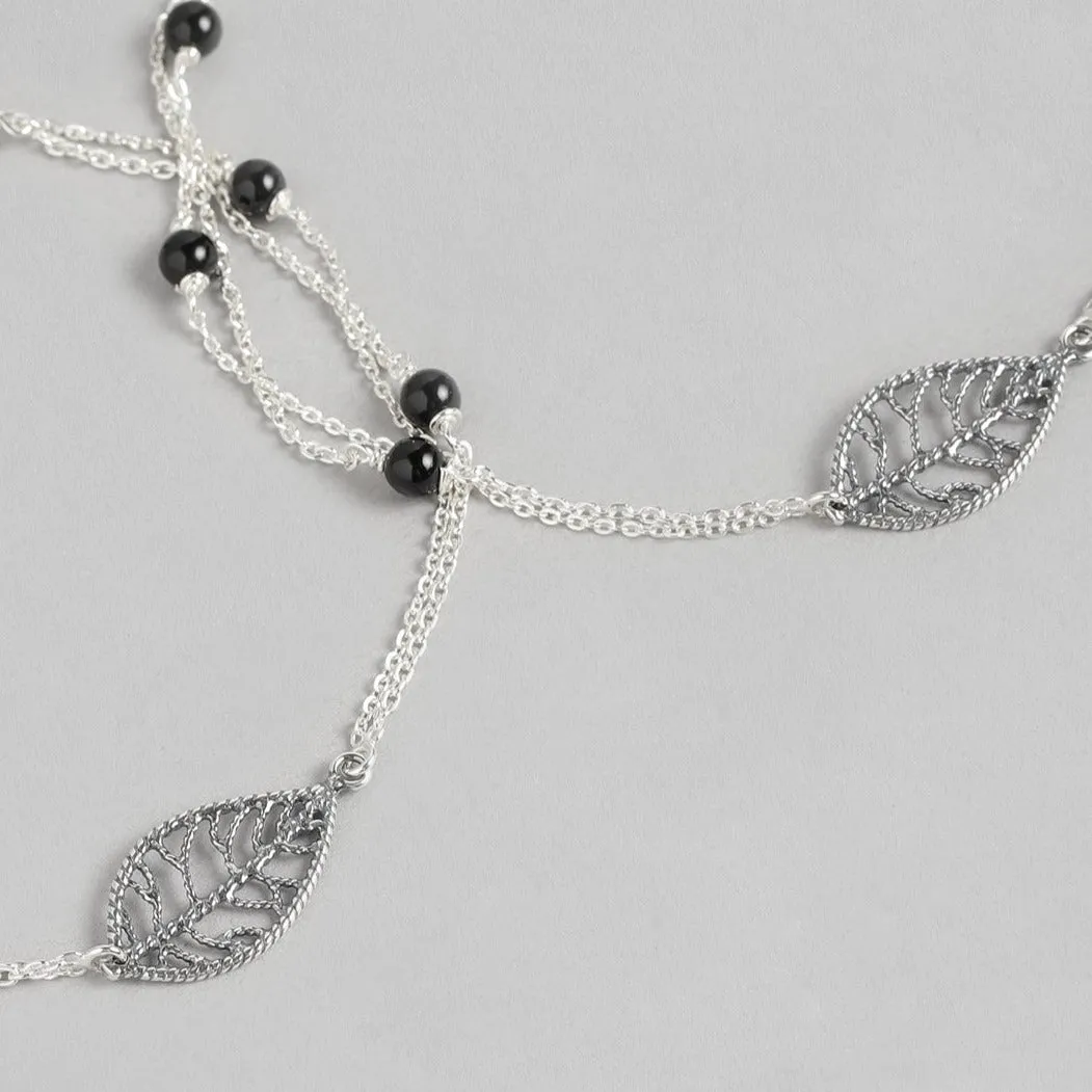 Leaf and Black beads 925 Sterling Silver Anklets