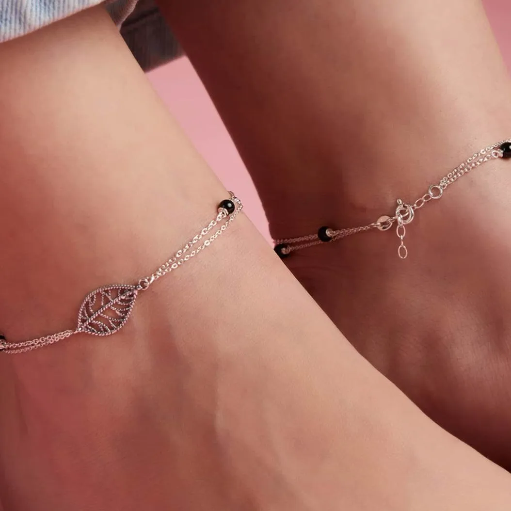 Leaf and Black beads 925 Sterling Silver Anklets
