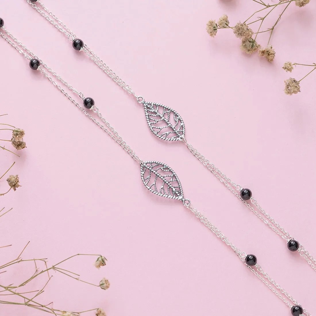 Leaf and Black beads 925 Sterling Silver Anklets