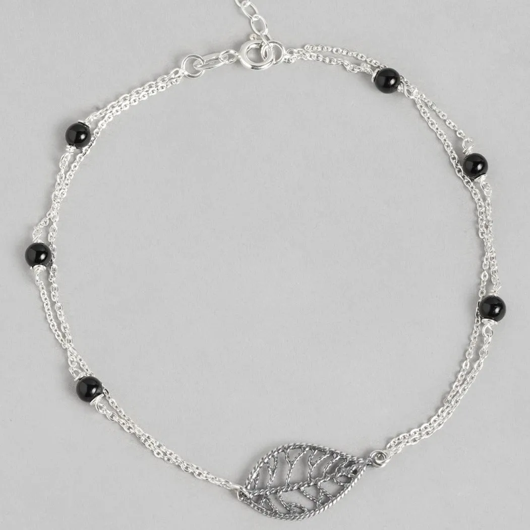 Leaf and Black beads 925 Sterling Silver Anklets