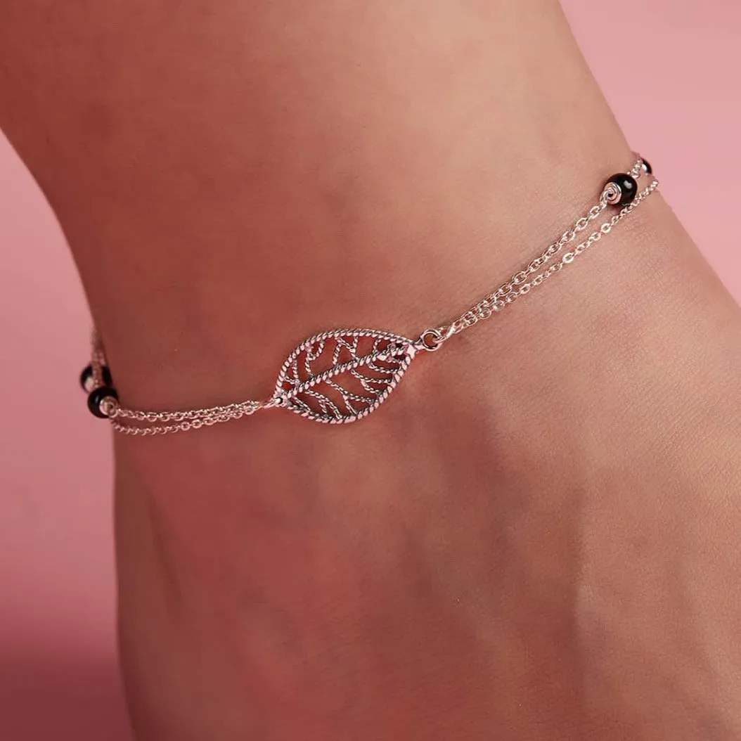 Leaf and Black beads 925 Sterling Silver Anklets