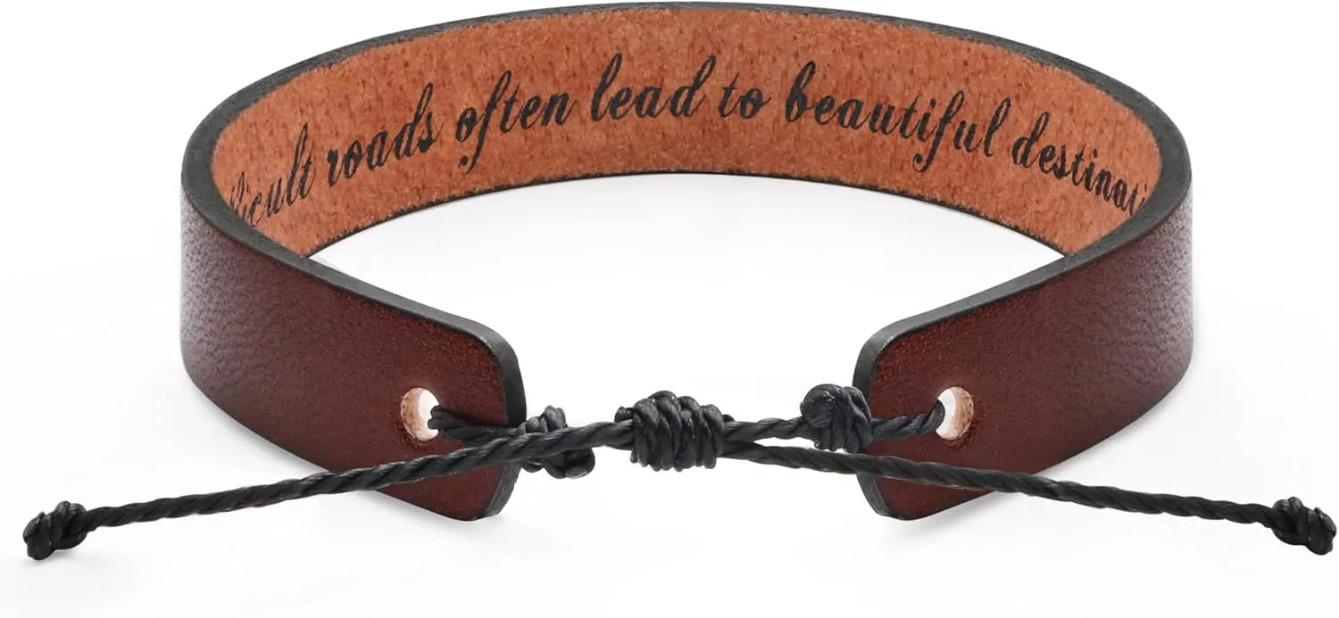 Leather Bracelets for Men Inspirational Encouragement Gifts for Him Teenager Religious Confirmation Anniversary Memorial Engraved Message Adjustable Brown Cuff Bracelet Christmas Father's Day Birthday Jewelry