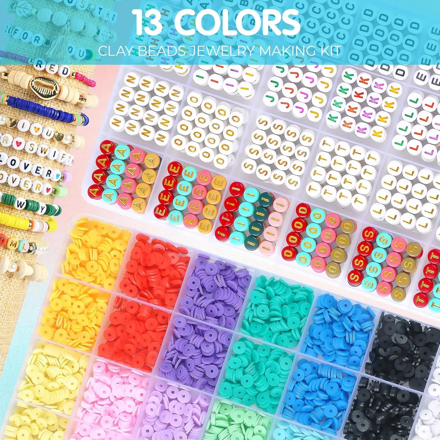 L'EclatDina 6000 PCS Friendship Bracelet Making Kit, 2 Box Set, DIY Jewelry Making Set with Clay Beads, Letter Beads, Perfect for Music Fans and Friends (Shining Fantasy)