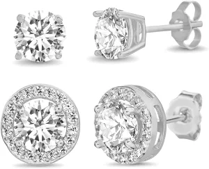 Lesa Michele Cubic Zirconia Stud Silver Earrings for Women 2 Pair Set CZ Stones Studs 925 Sterling Earring