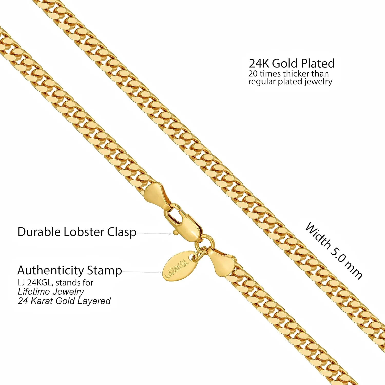LIFETIME JEWELRY Miami Curb Square Cut Cuban Link Chain Necklaces 24k Gold Plated (5mm & 9.5mm)